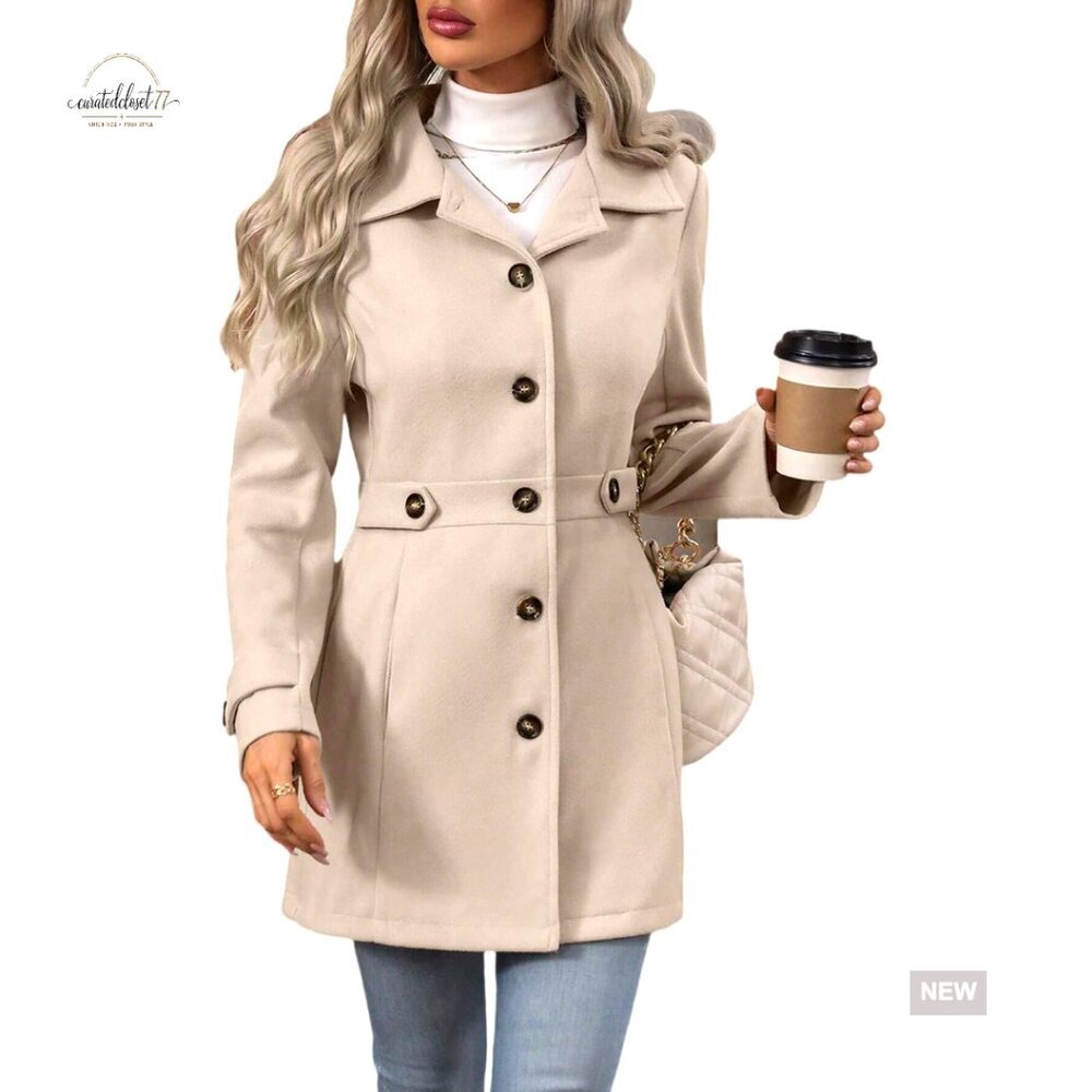 Wool Blend Pea Coat Classic Notched Lapel Elegant Casual Winter Overcoat
